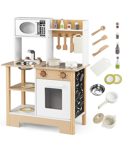 Mecale Play Kitchen Wooden Toy Playset with Chalkboard, Birthday Gift for Kids Ages 3+