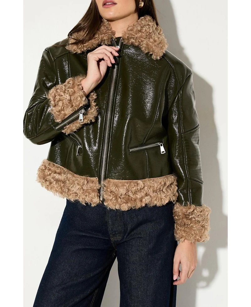 MissPap Women's Premium Faux Fur Collar Aviator Jacket