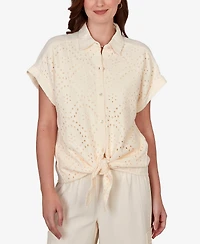 Ruby Rd. Petite Eyelet Front Gauze Tie-Front Shirt