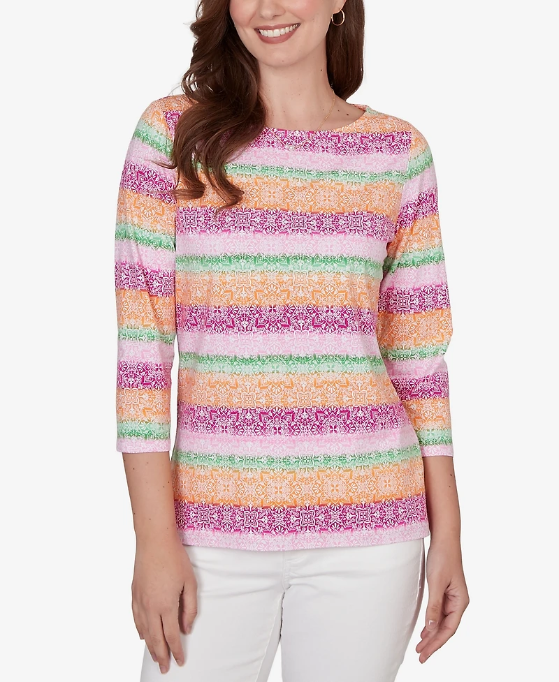 Ruby Rd. Petite Stripe Medallion Boat Neck Knit Top