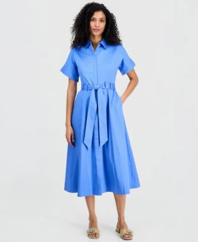 Anne Klein Womens Short Sleeve Belted Loop Detail Shirtdress