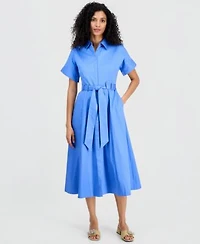 Anne Klein Womens Short Sleeve Belted Loop Detail Shirtdress