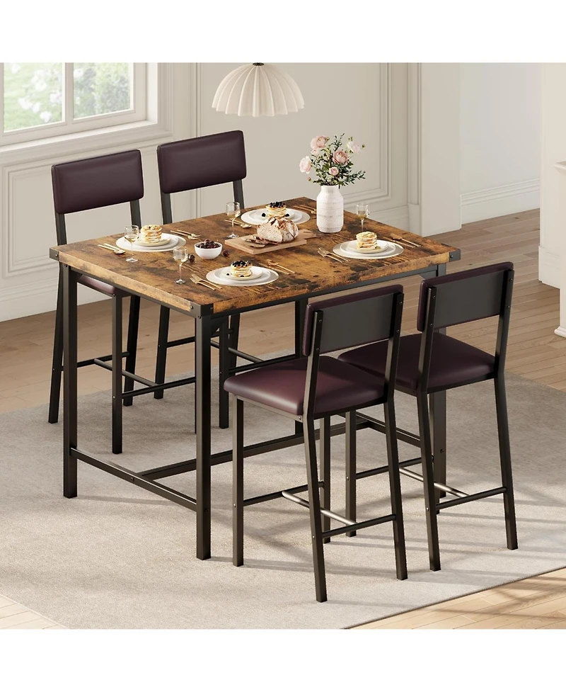 gaomon Dining Table Set for 4 w/Footrest and Corner Protector 5-Piece Kitchen Table Set with Counter Height Table and 4 Upholstered Bar Stools