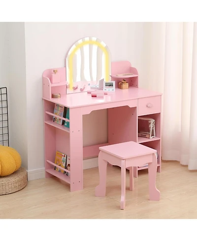 gaomon Kids Lighted Mirror Vanity 3–9 Yrs Storage Makeup Table & Stool Set