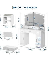 gaomon Large Vanity Desk with Mirror and Light - Dressing Table Set with 3 Drawers - 2 Cabinets Vanity with 10 Led Lights