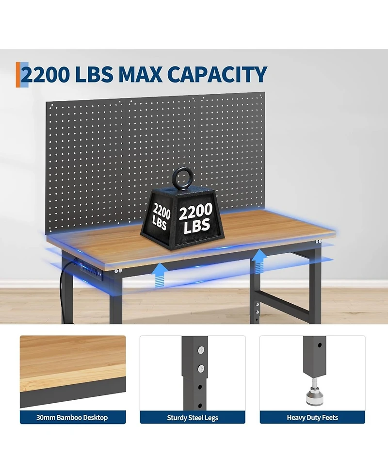 gaomon 60" Workbench with Pegboard Wall, 2200lbs Weight Capacity Desk, 28"-40" Manual Height Garage Storage Table for Workshop