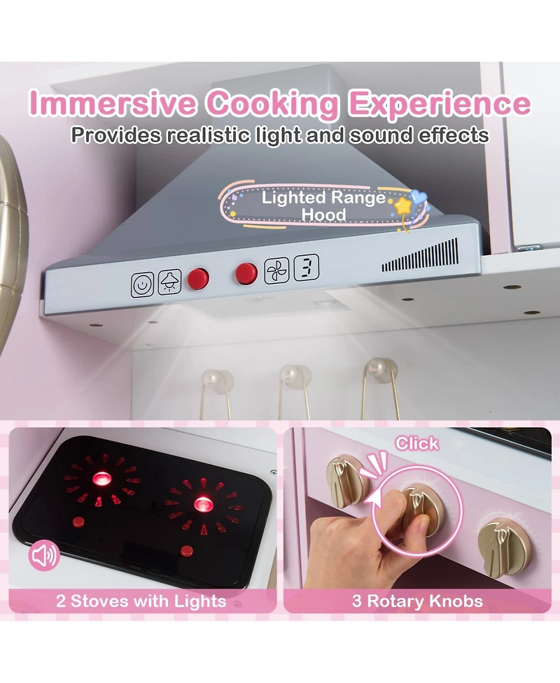 Mecale Pretend Play Kitchen Toy with Range Hood, Ice Maker & Telephone for Kids Role Play