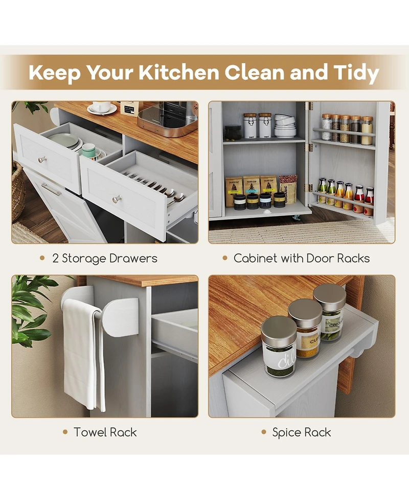 Volenca Wood Rolling Kitchen Island Cart with Trash Can Cabinet, Storage Shelves & Rubber Wheels