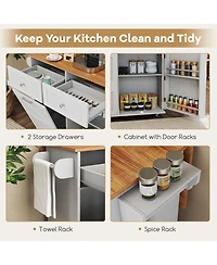 Volenca Wood Rolling Kitchen Island Cart with Trash Can Cabinet, Storage Shelves & Rubber Wheels