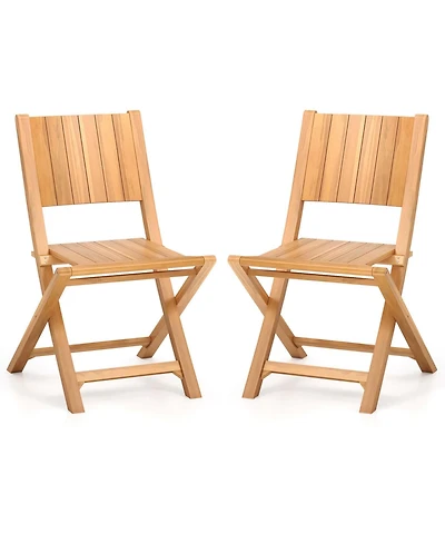2 Pcs Folding Patio Chairs with Inclined Backrest Teak Wood Outdoor Dining Chairs