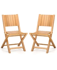 2 Pcs Folding Patio Chairs with Inclined Backrest Teak Wood Outdoor Dining Chairs