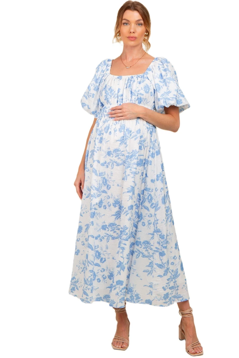 Pinkblush Maternity Teal Floral Puff Sleeve Midi Dress