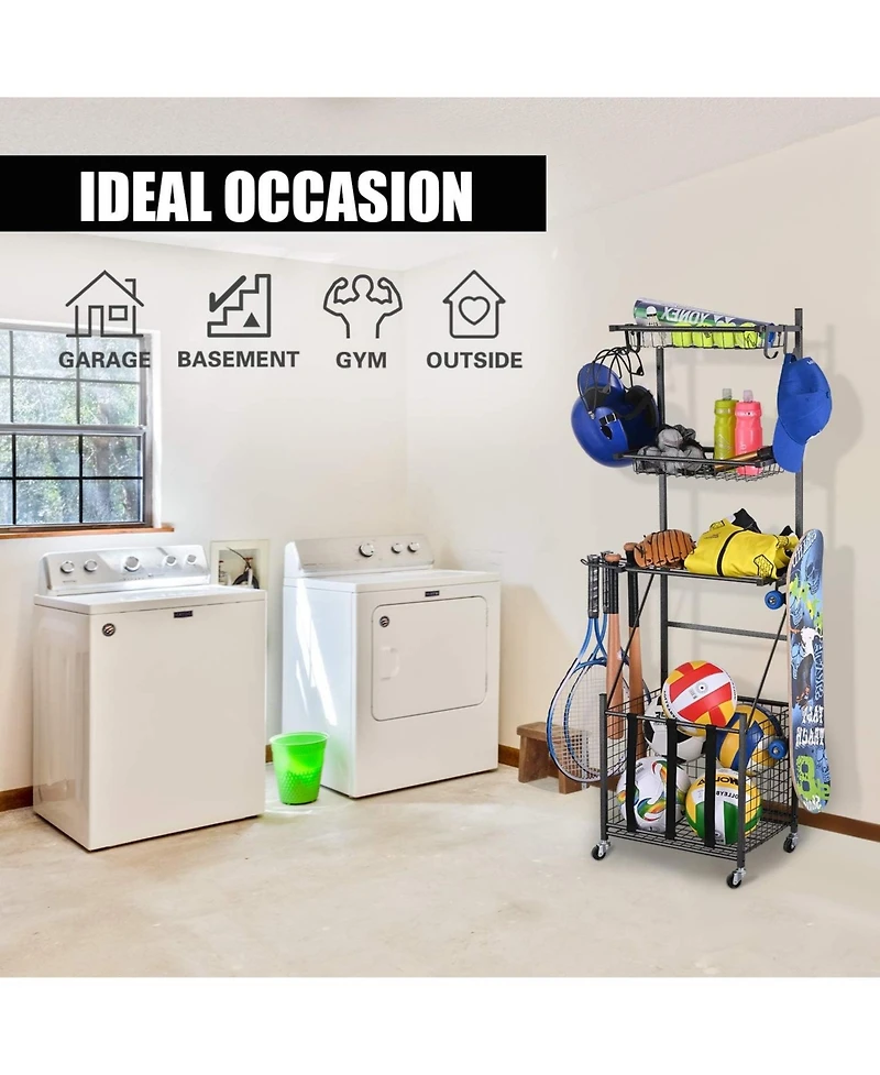 Mythinglogic 4-Tier Sports Equipment Storage Organizer, Black, Plastic, Wheeled