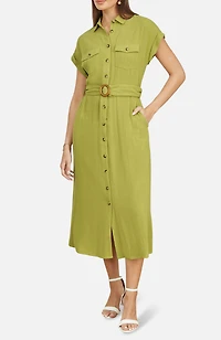 Yumi Women's Viscose Linen Look Midi Shirt Dress