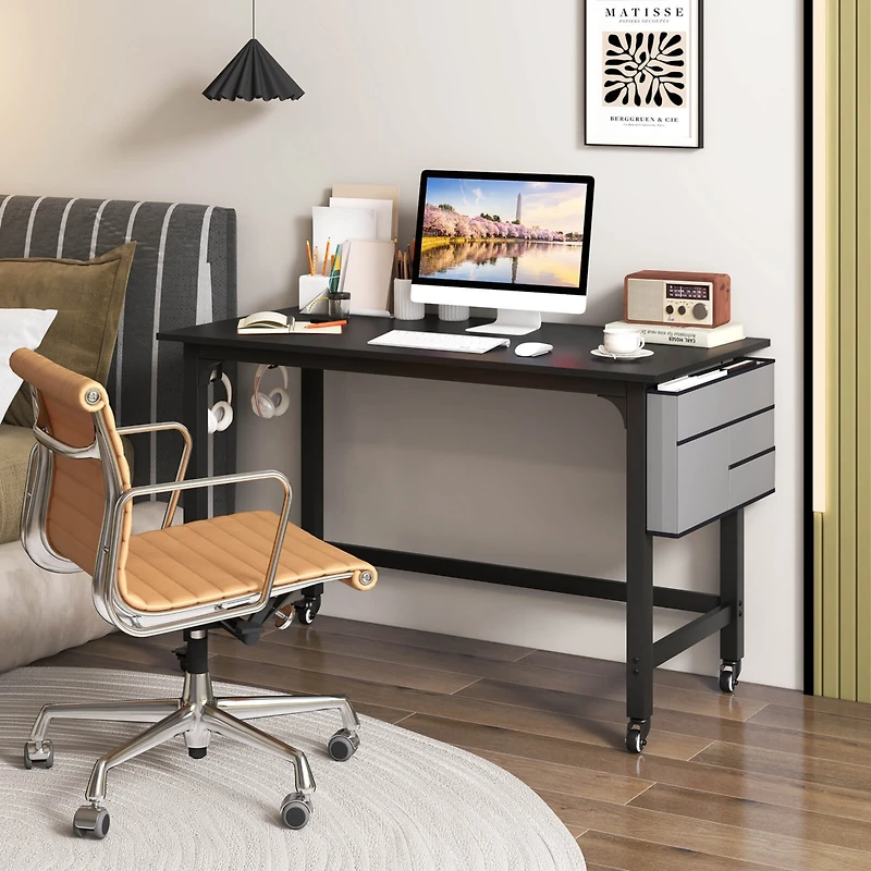 Rolling Computer Desk Wood Top Metal Frame Laptop Table Study