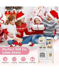 Mecale Play Kitchen for Kids, Wooden Chef Pretend Playset with 3 Adjustable Heights & Microwave