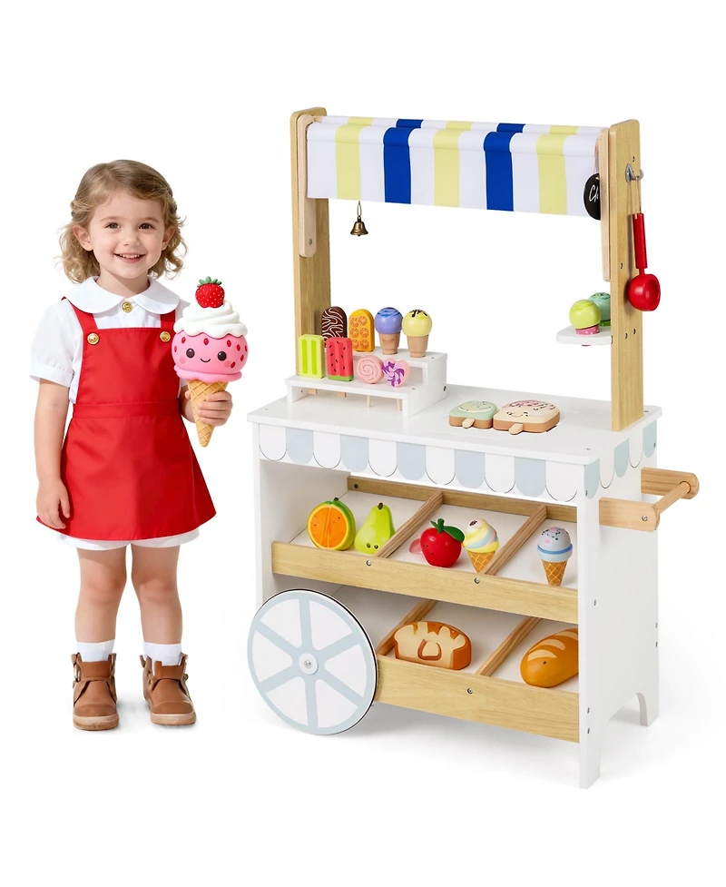 Mecale Wooden Ice Cream Cart for Kids, 2-in-1 Grocery Store Playset with Display Shelves