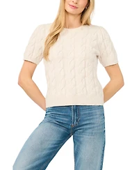 CeCe Women's Cable Puff-Sleeve Crew Neck Sweater