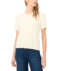 CeCe Women's Cable Puff-Sleeve Crew Neck Sweater
