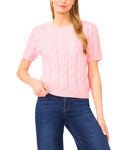 CeCe Women's Cable Puff-Sleeve Crew Neck Sweater