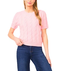 CeCe Women's Cable Puff-Sleeve Crew Neck Sweater