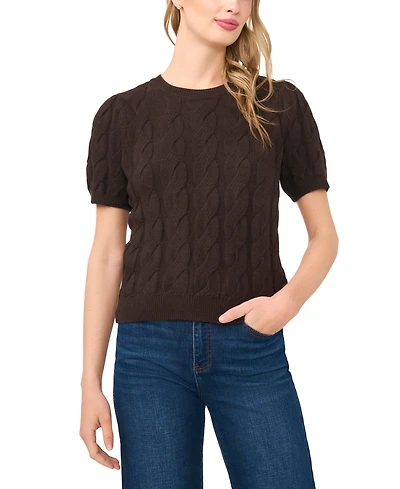 CeCe Women's Cable Puff-Sleeve Crew Neck Sweater