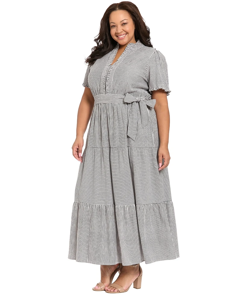 London Times Plus Size Stripe Tiered Ruffle Neck Dress