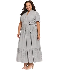 London Times Plus Size Stripe Tiered Ruffle Neck Dress