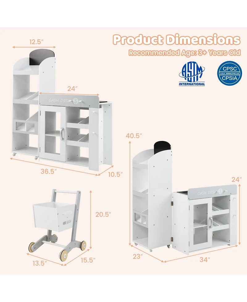 Mecale Kids Grocery Store Playset, Convertible Wooden Play Store with Shopping Cart for Pretend Play