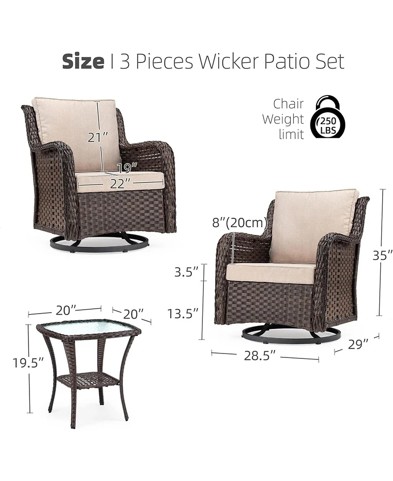 gaomon Swivel Wicker Glider Patio Chairs, 3 Piece Outdoor Wicker Rattan Swivel Rocking Chair Set, 360-Degree Rocking Chair, Armored Glass Side Table