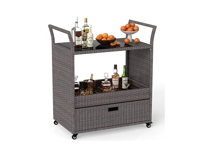 Slickblue Patio Wicker Bar Cart with Durable Tempered Glass Tabletop