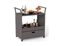 Slickblue Patio Wicker Bar Cart with Durable Tempered Glass Tabletop