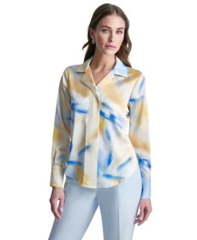 Dkny Womens Printed Long Sleeve Covered Placket Top