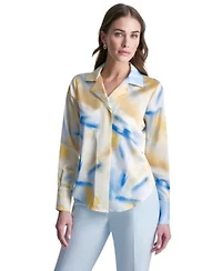 Dkny Womens Printed Long Sleeve Covered Placket Top