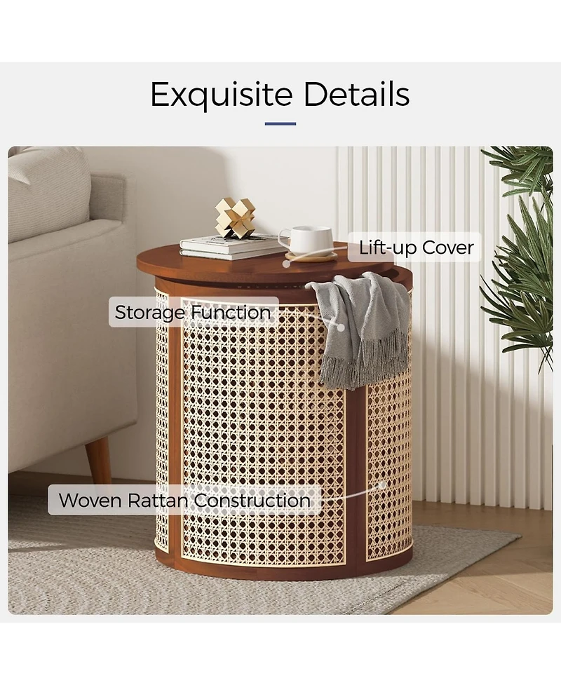 Rainsken Round Solid Wood Nightstand, Hollow Woven Bedside Table, Compact Accent End Table for Living Room, Bedroom