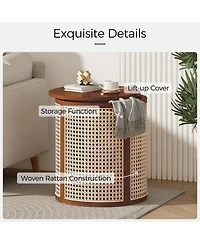 Rainsken Round Solid Wood Nightstand, Hollow Woven Bedside Table, Compact Accent End Table for Living Room, Bedroom