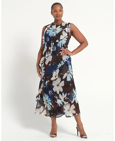 Estelle Women's Plus Sizes Aveline Floral Ruffle Sleeveless Midi Dress
