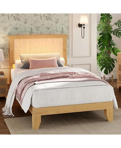 gaomon Rattan Bed Frame with Natural Rattan Headboard, Bohemian Rattan Bed Frame with Led Lights, Solid Wood Foundation