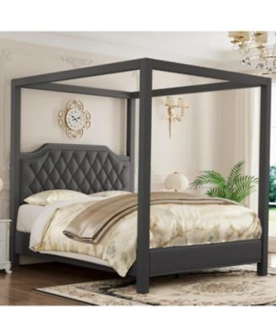 Gaomonl Canopy Bed Frame With Upholstered Headboard Four Poster Design Button Tufted Slide Rail No Box Spring Required Wooden Slats