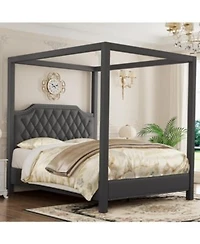 Gaomonl Canopy Bed Frame With Upholstered Headboard Four Poster Design Button Tufted Slide Rail No Box Spring Required Wooden Slats
