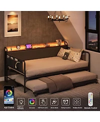 gaomon Daybed with Trundle and Led Light, Twin Bed Frame Upholstered Headboard Charging Station, Metal Sofa Day for Bedroom