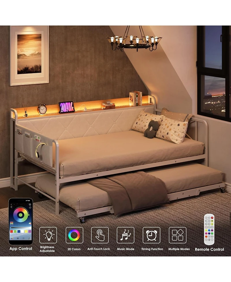 gaomon Daybed with Trundle and Led Light, Twin Size Bed Frame with Upholstered Headboard and Charging Station, Metal Frame Sofa Day Bed for Bedroom