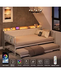 gaomon Daybed with Trundle and Led Light, Twin Size Bed Frame with Upholstered Headboard and Charging Station, Metal Frame Sofa Day Bed for Bedroom