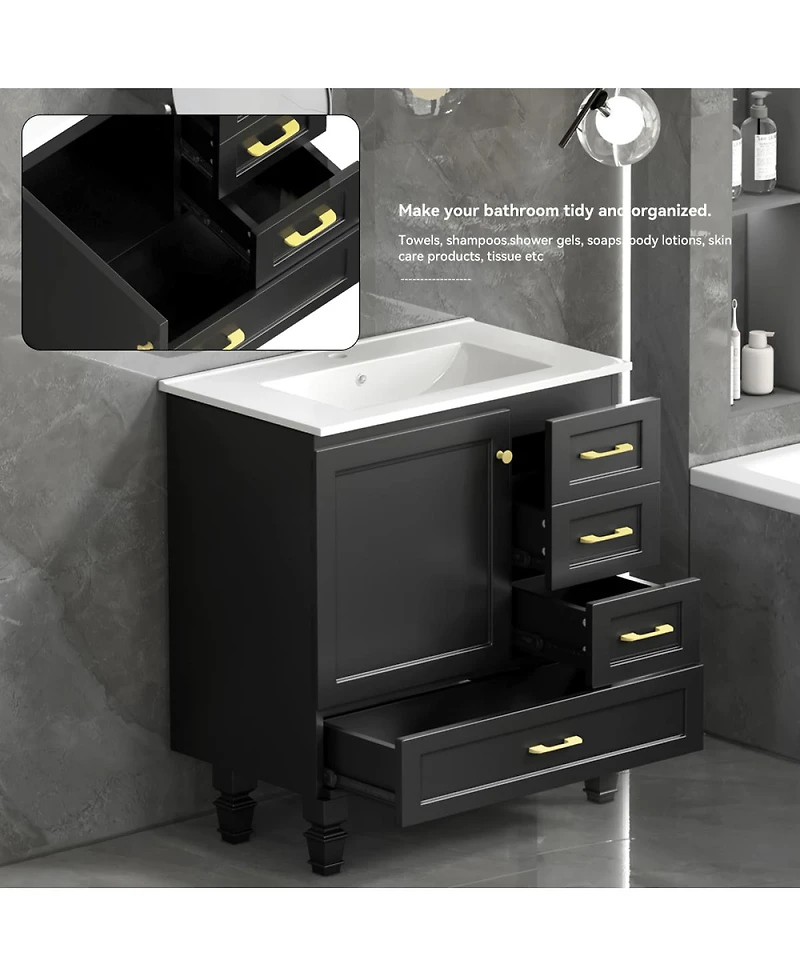 Sillysis Modern Bathroom Vanity with Sink, Transitional Mdf Cabinet, Ample Soft Close Storage, 1 Door 3 Drawers for Stylish Bathrooms