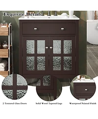 Sillysis Bathroom Vanity with Sink, Modern Solid Wood Cabinet with Textured Glass Doors, Flip-Out Tray & Adjustable Shelf
