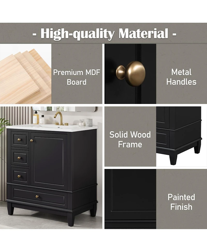 Sillysis 30'' Bathroom Vanity with Ceramic Sink, Solid Wood Frame, Multi-Drawer Storage & Soft Close Door for Modern Bathrooms