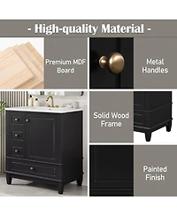 Sillysis 30'' Bathroom Vanity with Ceramic Sink, Solid Wood Frame, Multi-Drawer Storage & Soft Close Door for Modern Bathrooms