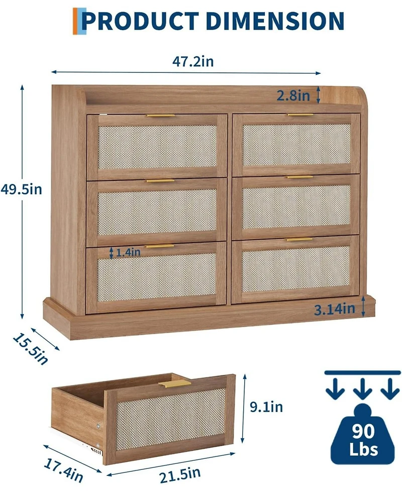 gaomon Farmhouse 6 Drawer Dresser for Bedroom, Rattan Chest of Drawers with Storage, Large Dresser Chest of Drawers