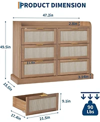 gaomon Farmhouse 6 Drawer Dresser for Bedroom, Rattan Chest of Drawers with Storage, Large Dresser Chest of Drawers