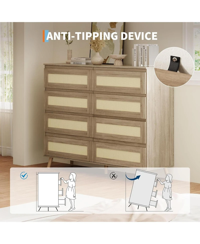 gaomon MilleLoom Rattan 8 Drawer Dresser for Bedroom, Wooden Dressers & Chests of Drawers, Modern Farmhouse Storage Organizer for Closet, Entryway
